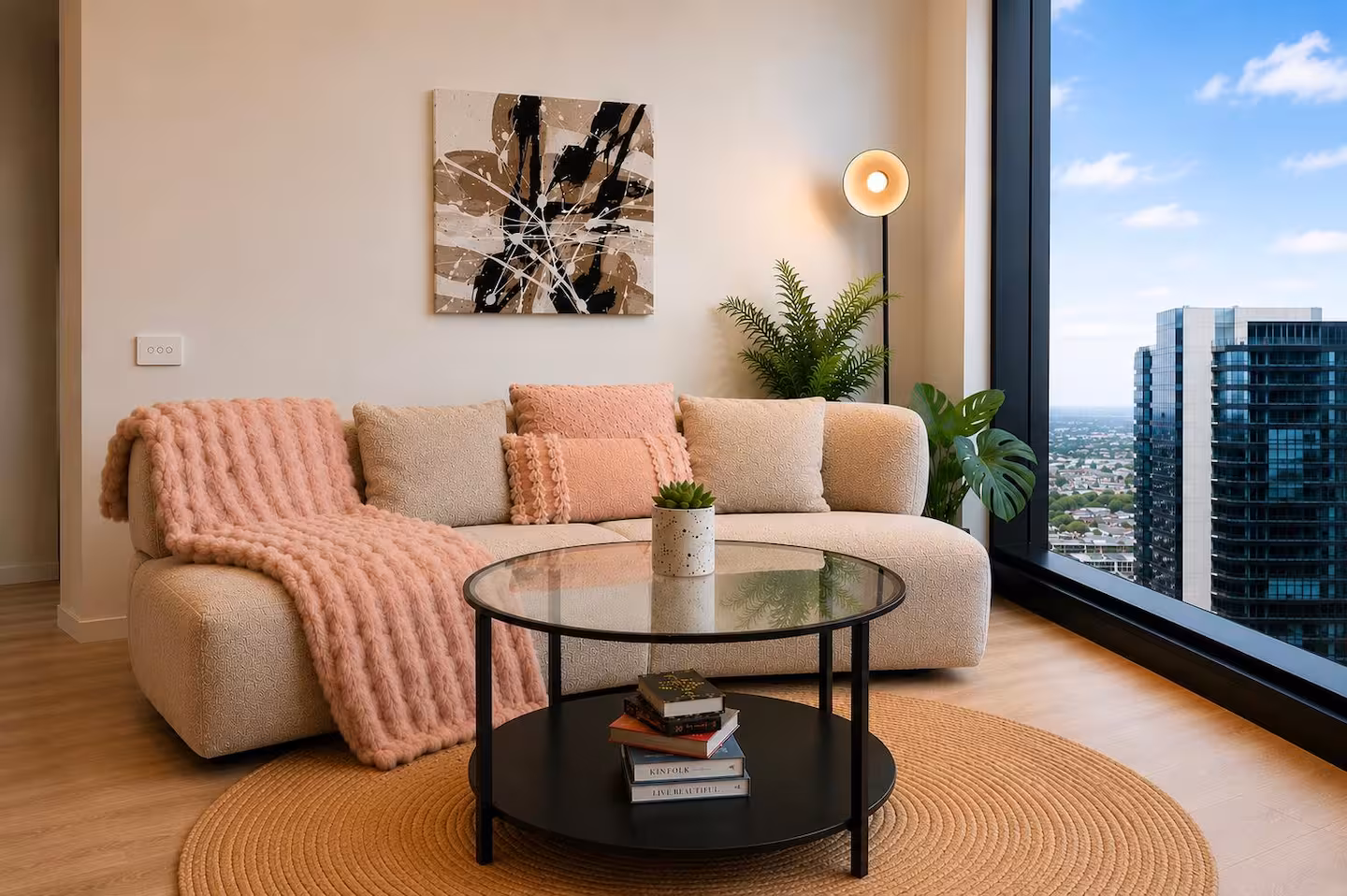 Living room of the Southbank apartment with skyline views