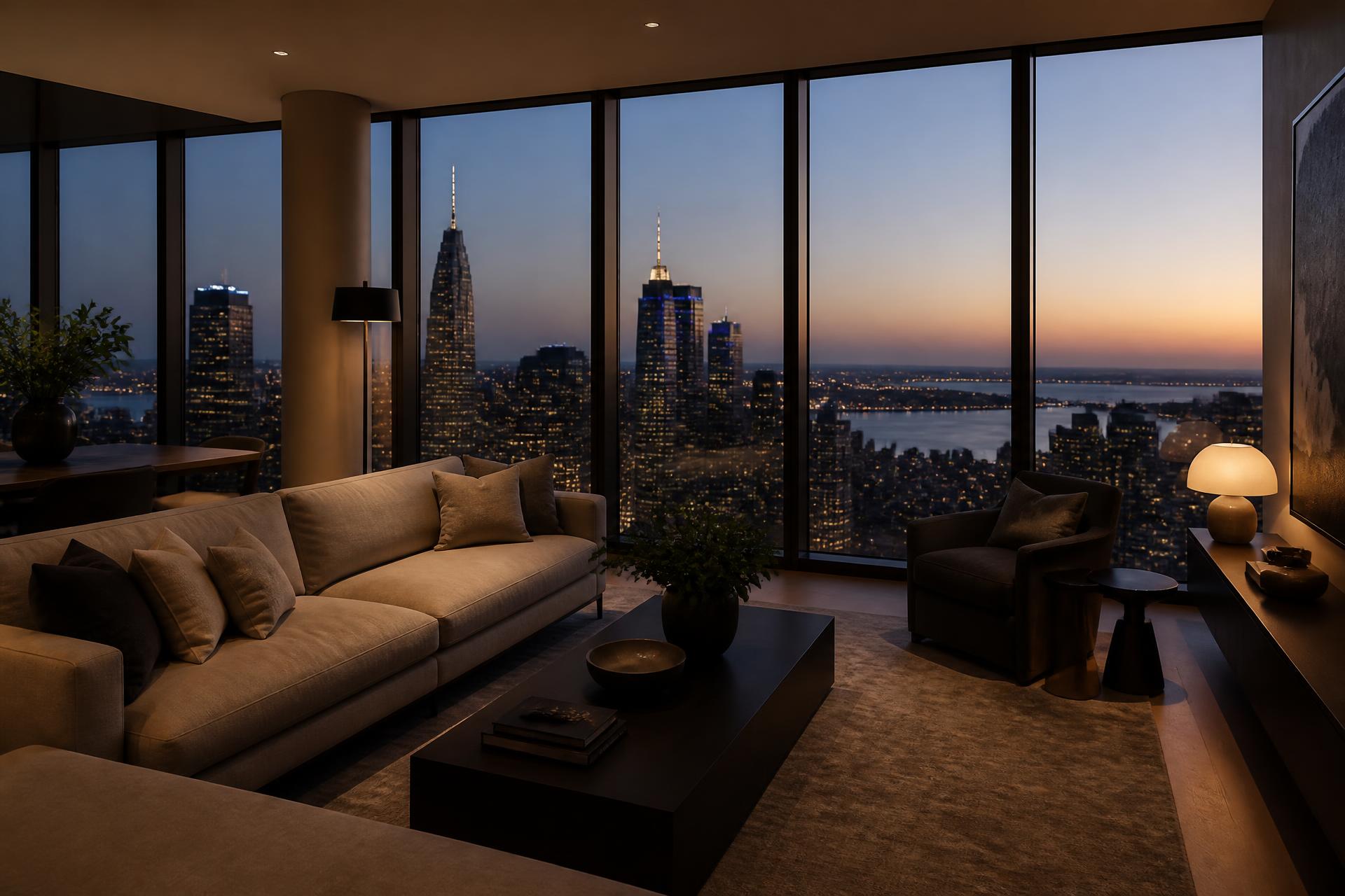 Living room of the Southbank apartment at dusk, with floor-to-ceiling windows over the Melbourne skyline